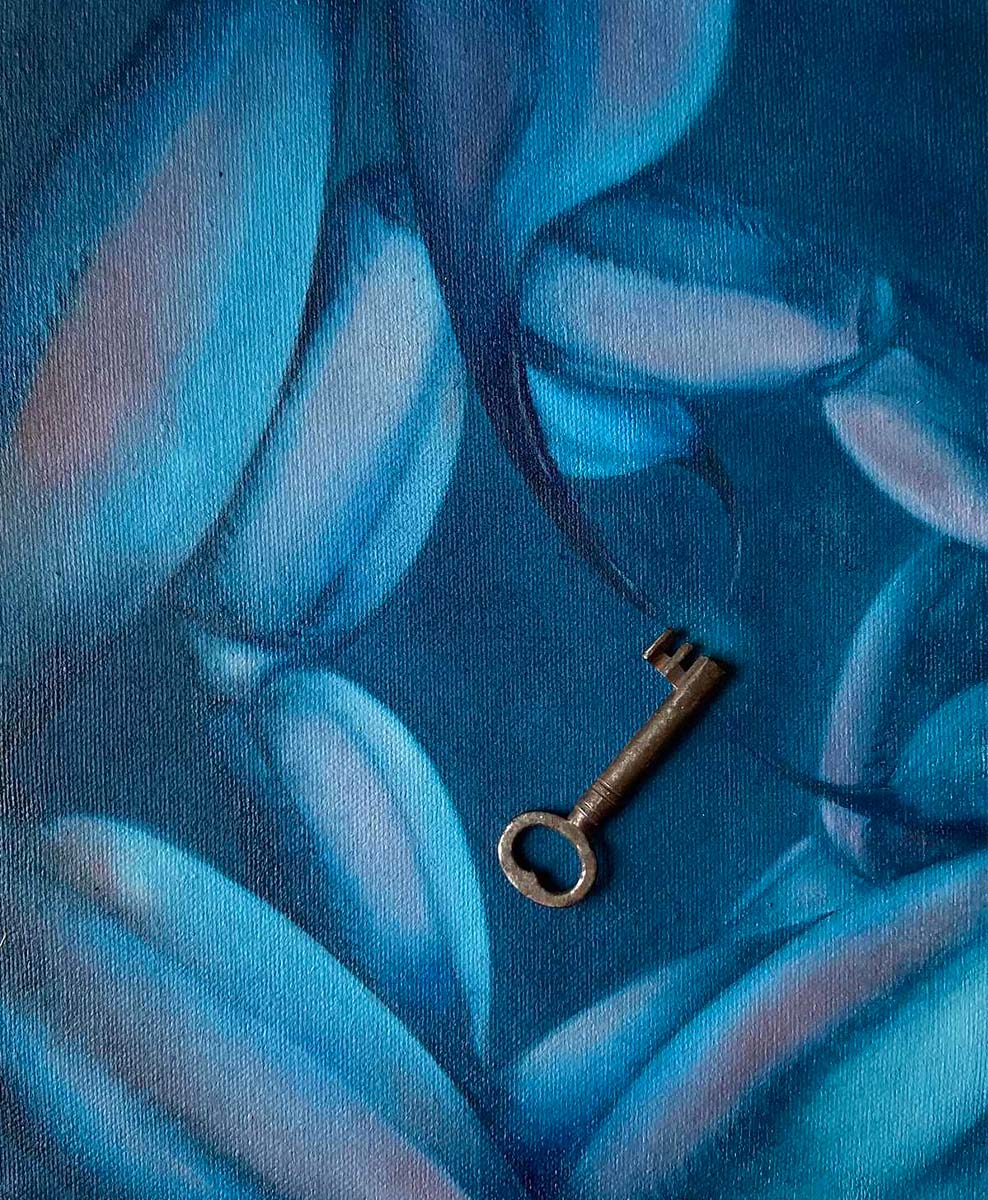 Three spiraling blue and pink scorpion tails converge on a central key 