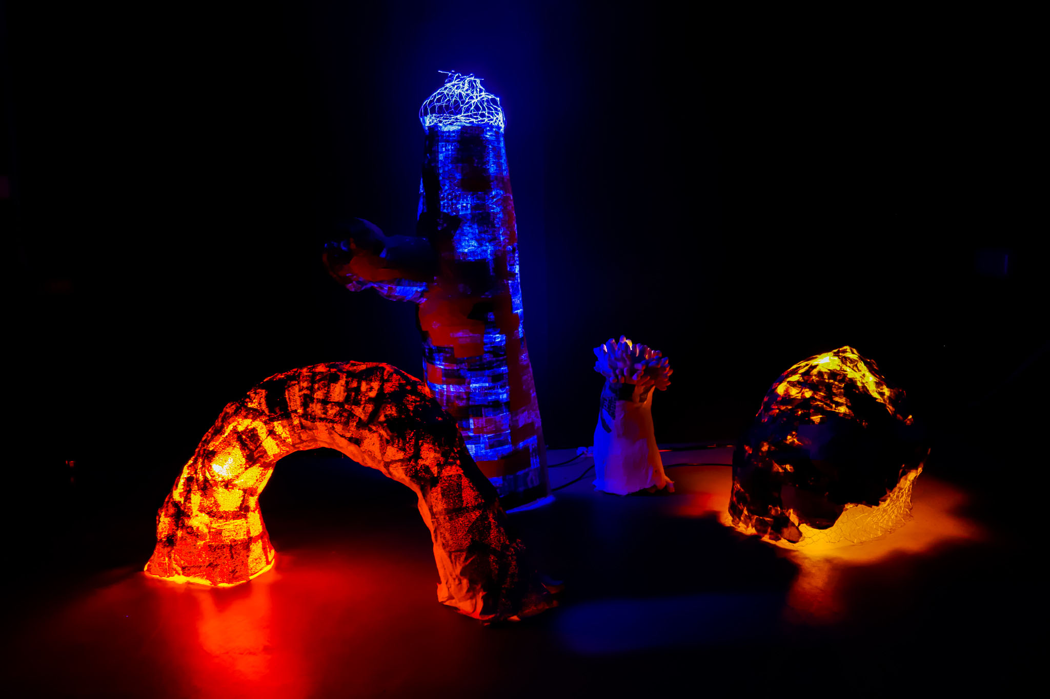 set of four wire, plaster and paper maché. Lit from within with LED stage lights - red, blue and green.