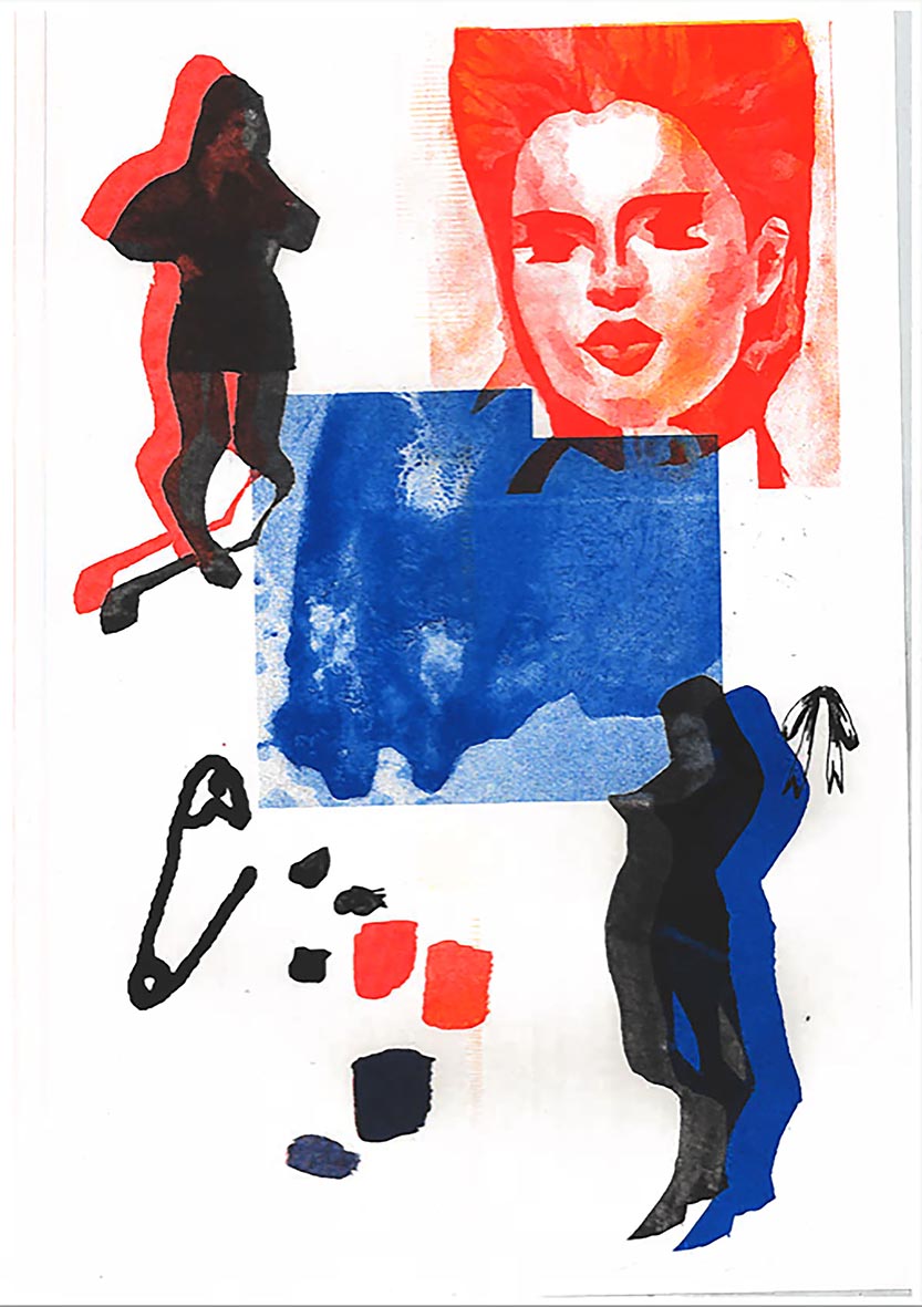 Risograph print in blue, red and yellow