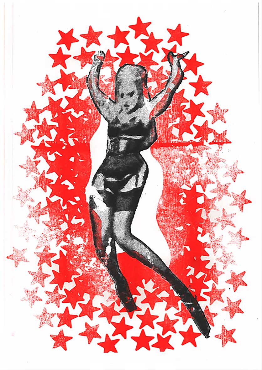Risograph print in black and red of a performer in front of a background full of stars.