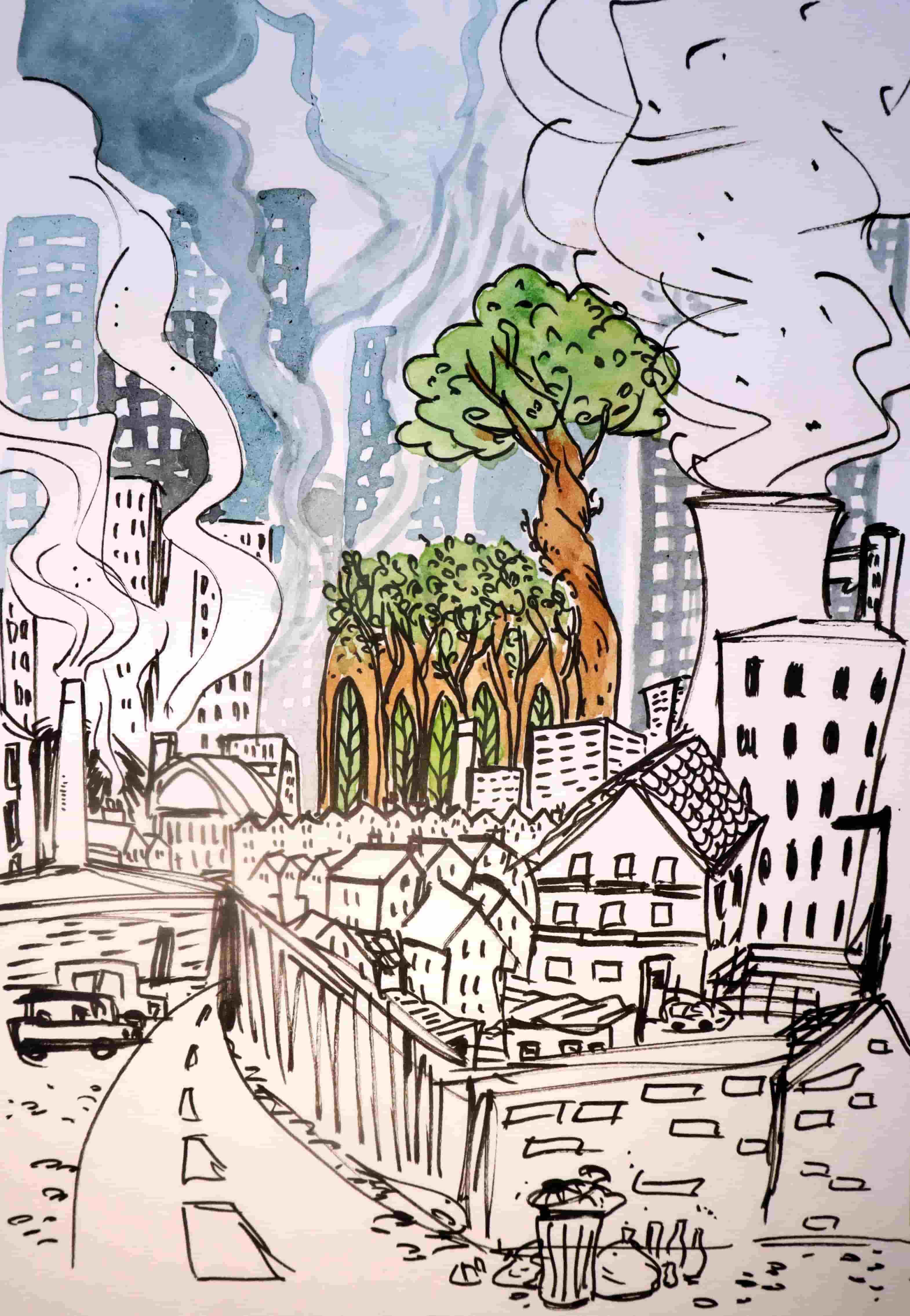 sketch of polluted city with a tree cathedral