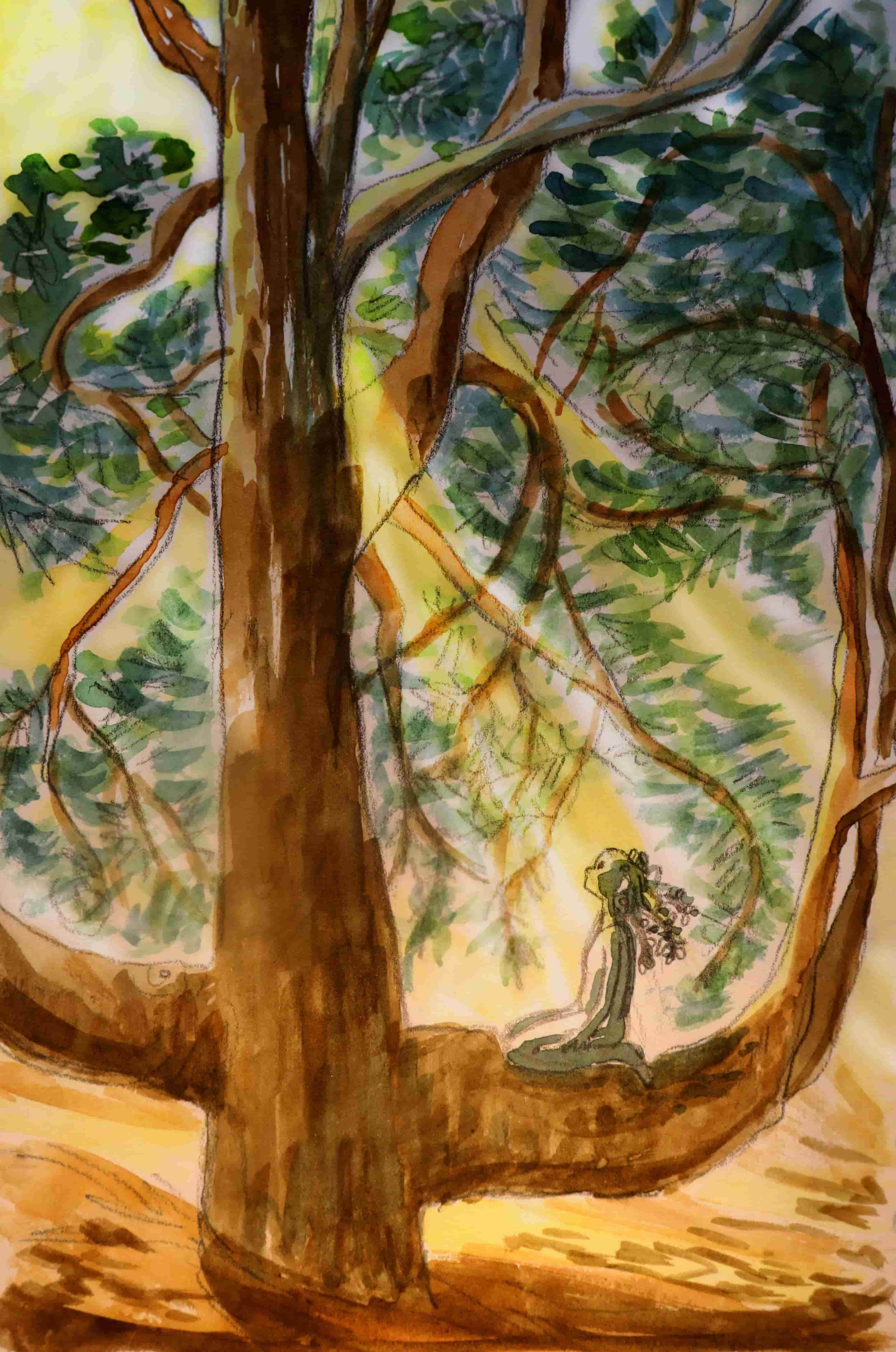 watercolour sketch of girl sitting on tree branch