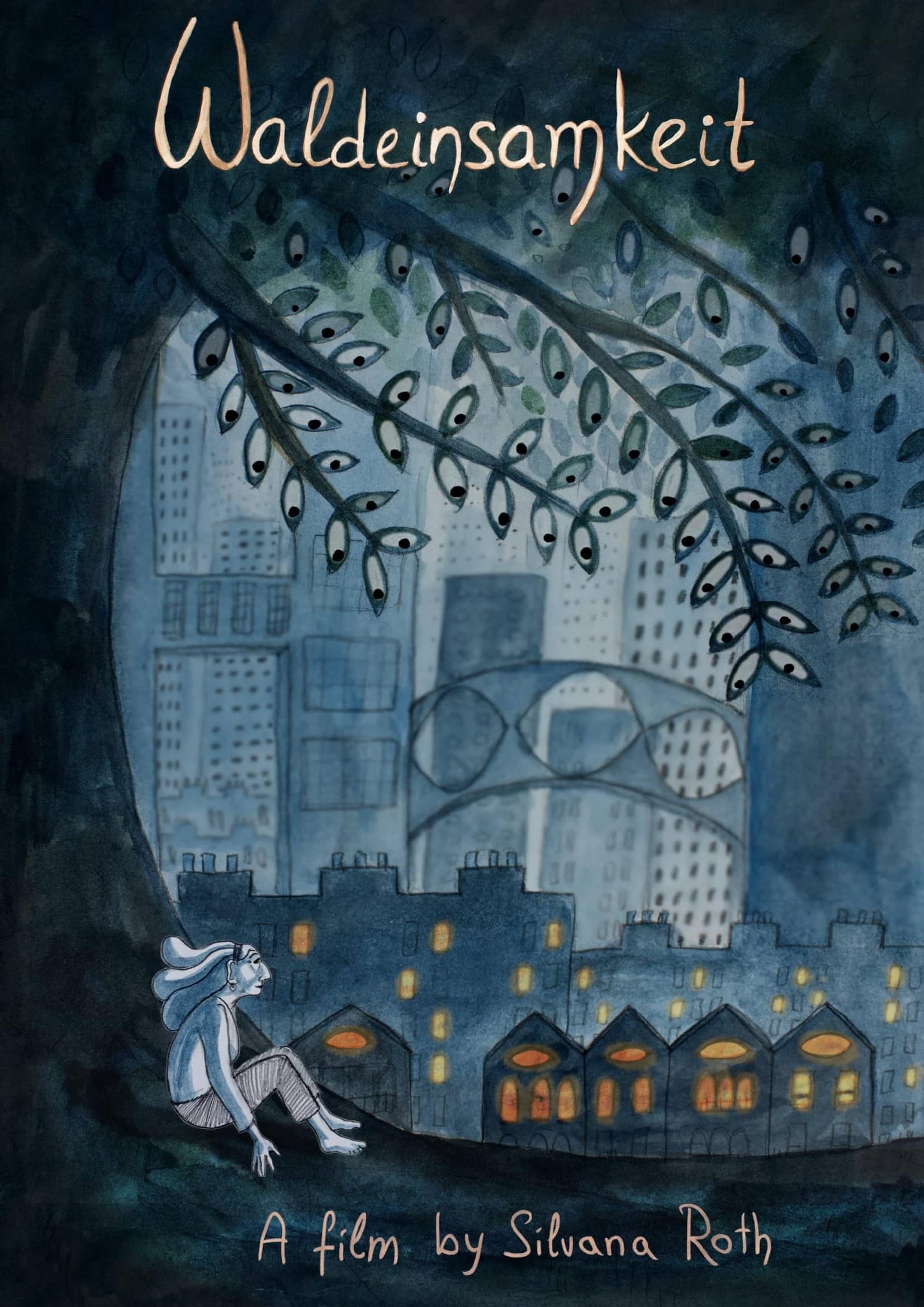 woman sitting under tree with city in background