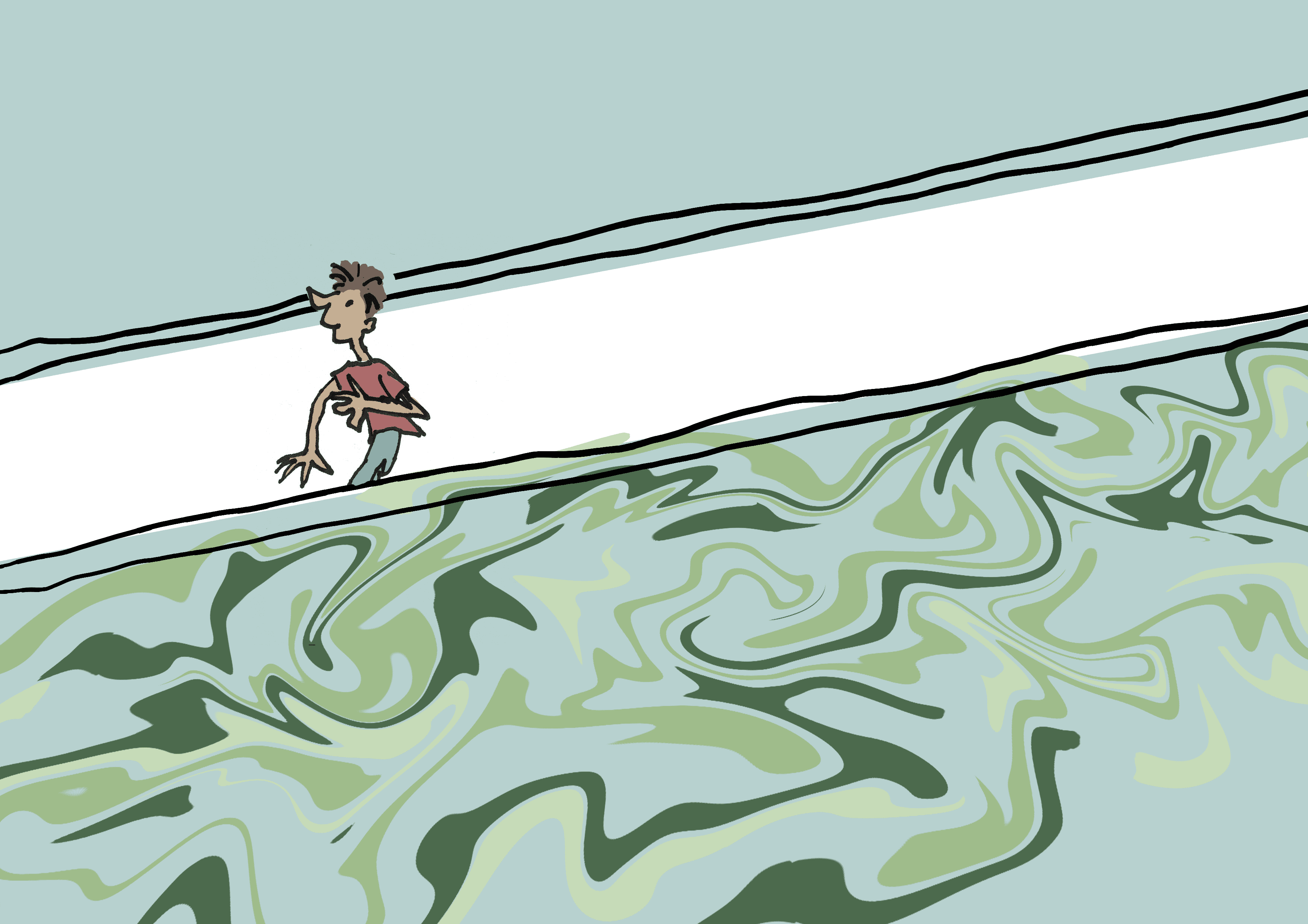 Drawing of man running down the water way