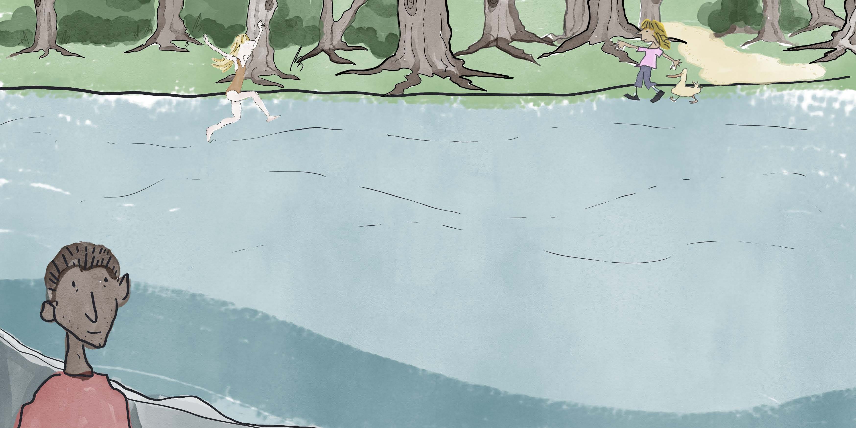 Water way View to tree lined area with people people playing in the water