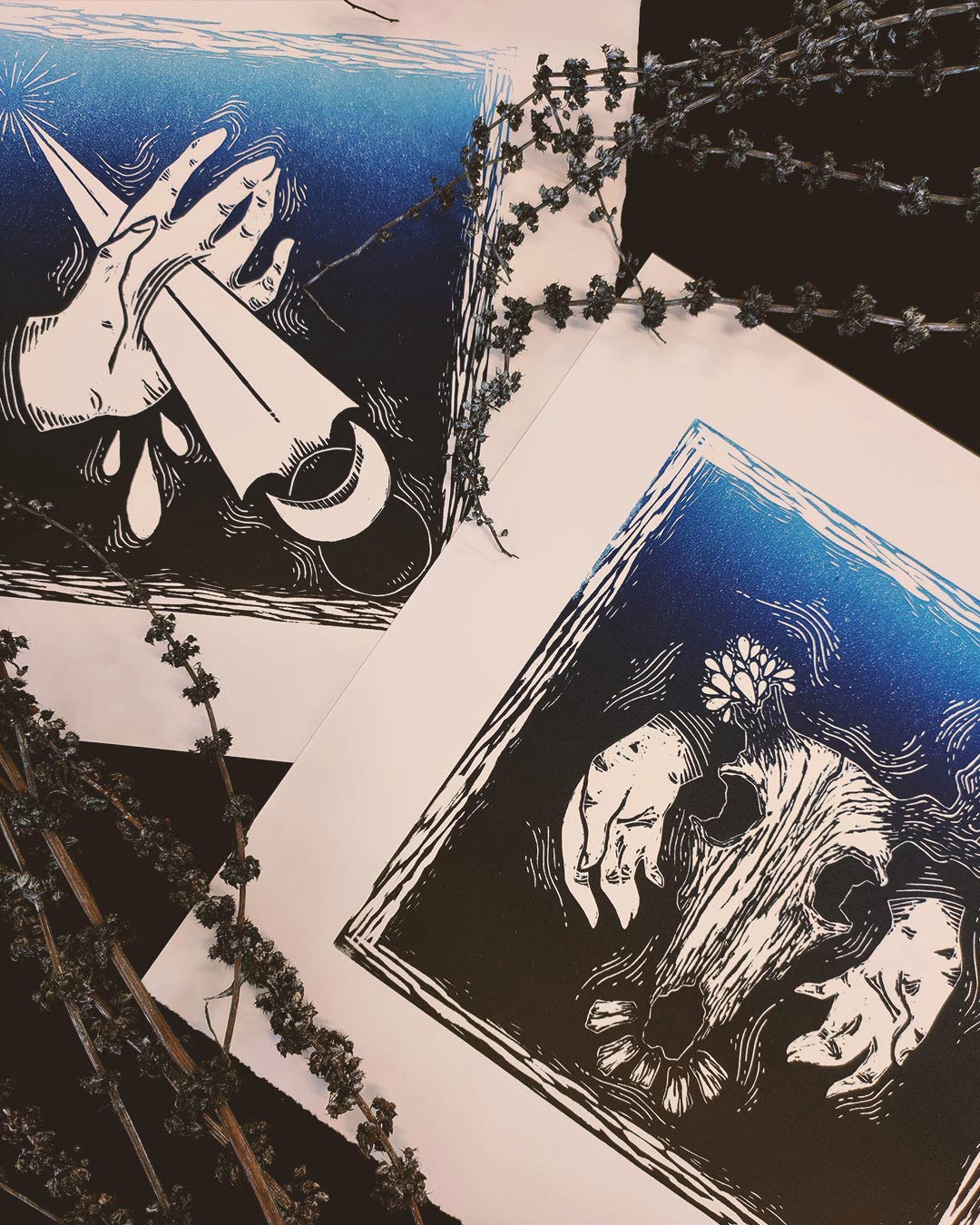 Athame. Bones. Linocut prints.