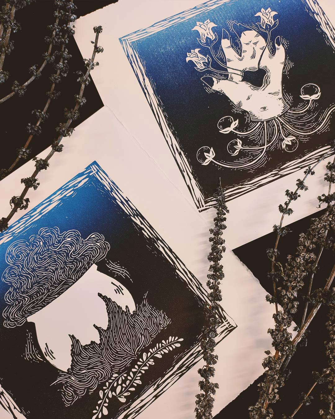 Cauldron. Deadly Nightshade. Linocut prints.