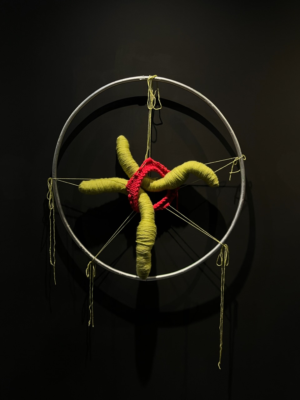 Bright silver hoop on a black wall. In the middle of the hoop is an unfinished pink-ish-red knitted band, and from five groups of grouped stitches, a green acrylic yarn thread attaches/stretches it to the outside of the hoop. Two green yarn worms sit inside the pink-ish-red band.  