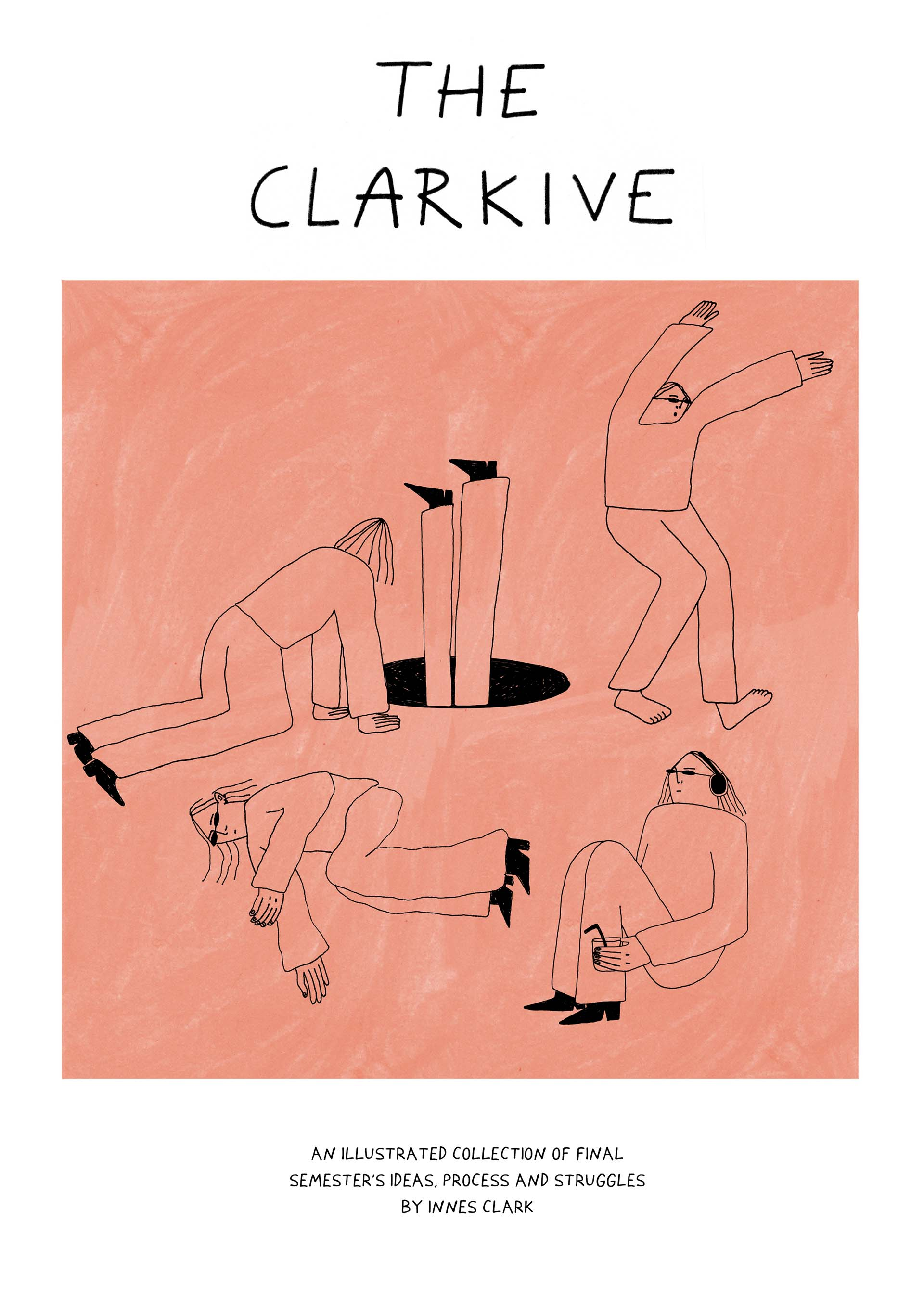 illustration of same character in different poses and interactions within negative space