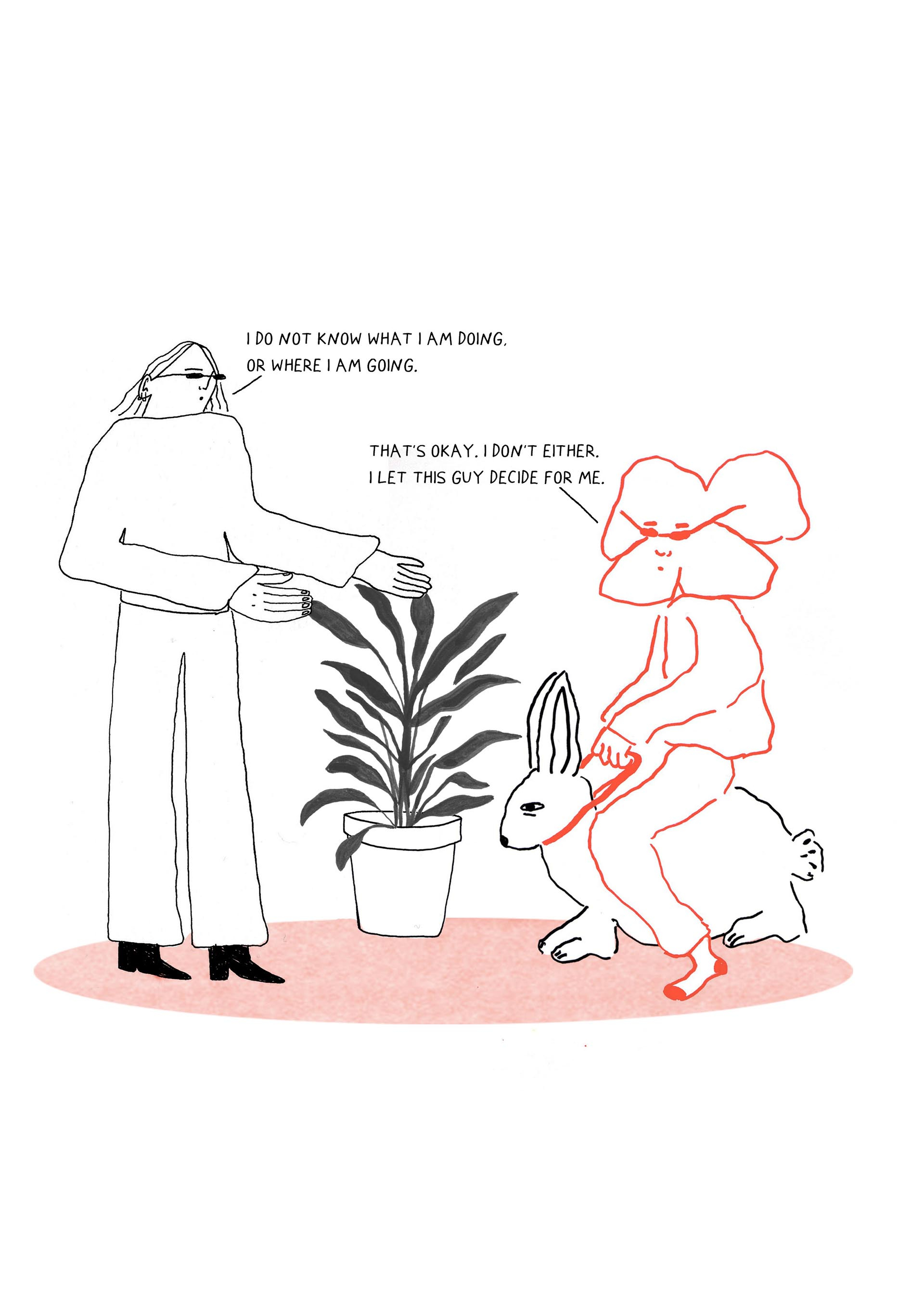 Two stylised, illustrated characters having a conversation; discussing the feeling of feeling lost and unsure of what they are doing 