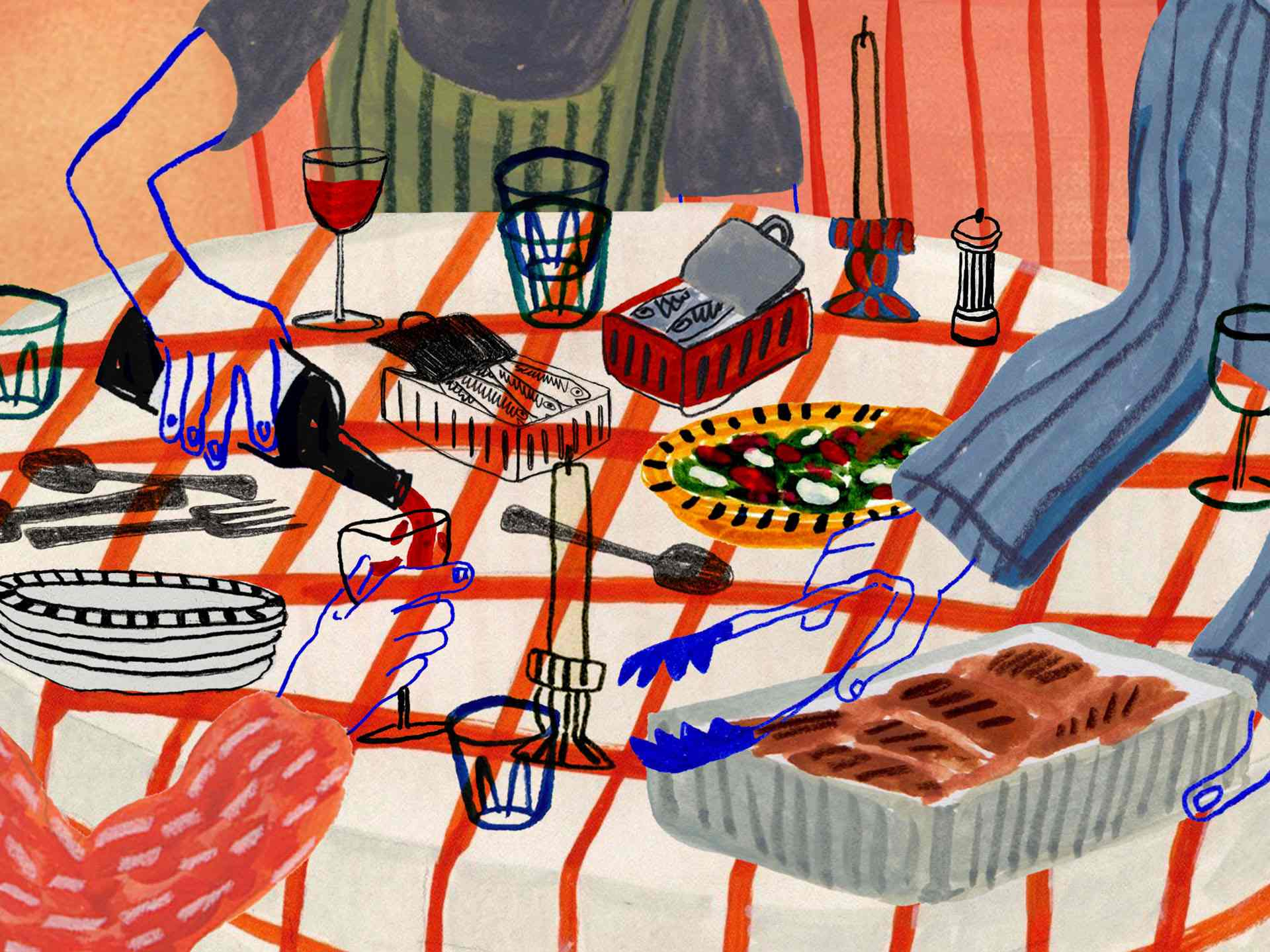 An illustration of a zoomed in dinner table, with hands interacting with each other and the setting