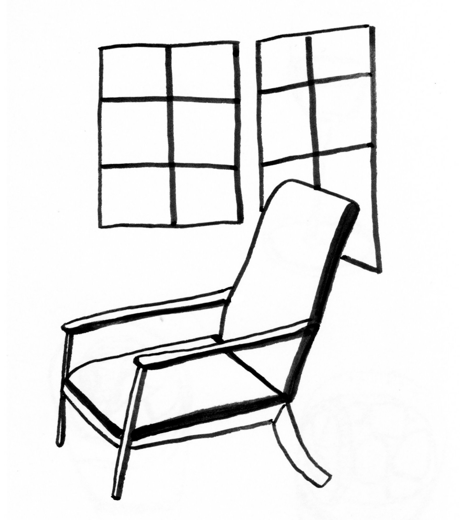 Observational line drawing of chair and windows