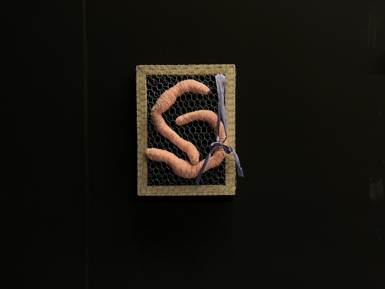 Wood canvas frame with two layers of chicken wire stretched over it. Between the two layers, two pink acrylic yarn worms are sat, and just tied to the first layer of chicken wire just under the right-side worm is a purple satin-y ribbon tied in a bow.