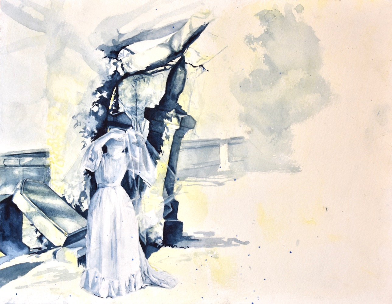 Watercolour of bride in cemetery, landscape, A4
