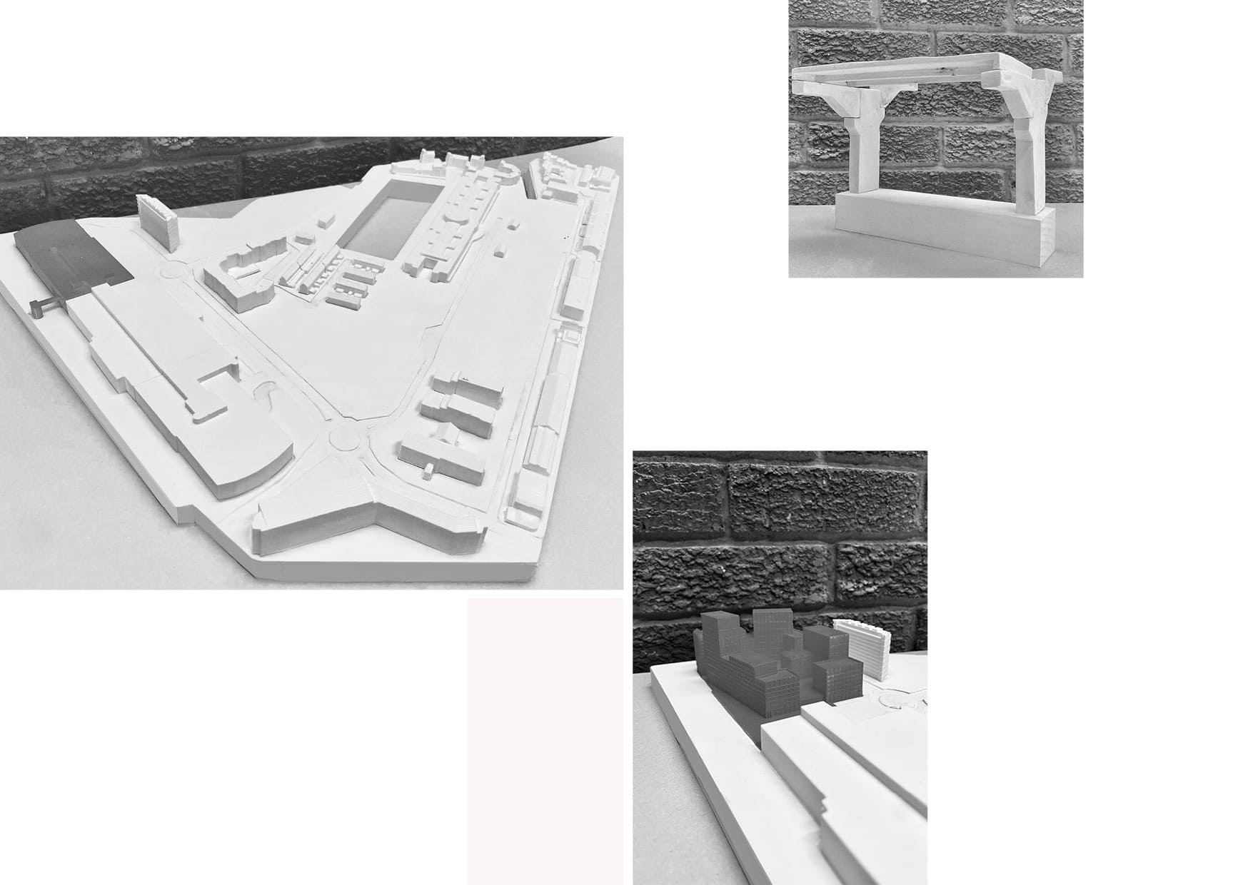 [Left to Right] 1. Site model, the area marked for demolition in ‘red/black’. 2. A study of the carpark build-up, a meeting of timber and plaster. 3. The proposed alteration following the current buildings demolition.