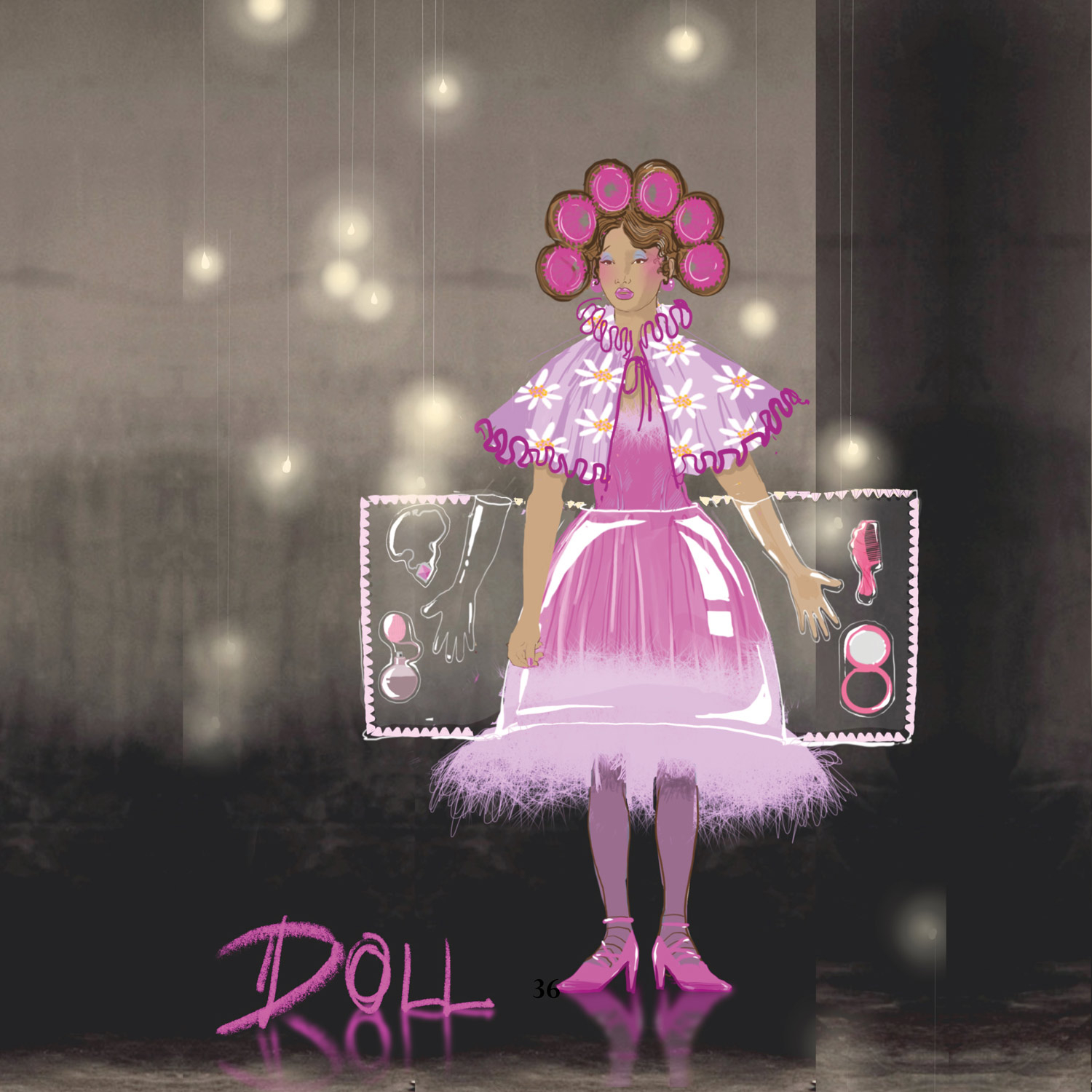 Illustration of woman in pink doll costume