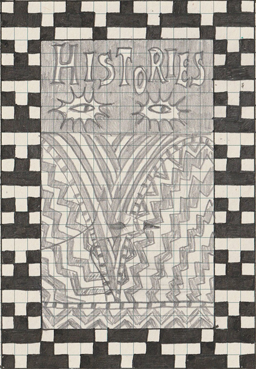 Image of a graphite pencil drawing on an index card. Text reading 'Histories' is displayed above a monochrome geometric pattern which hides the outline of a creature with long pointed ears and a pointed nose. The image is surrounded by a border in a black and white checkerboard pattern. 