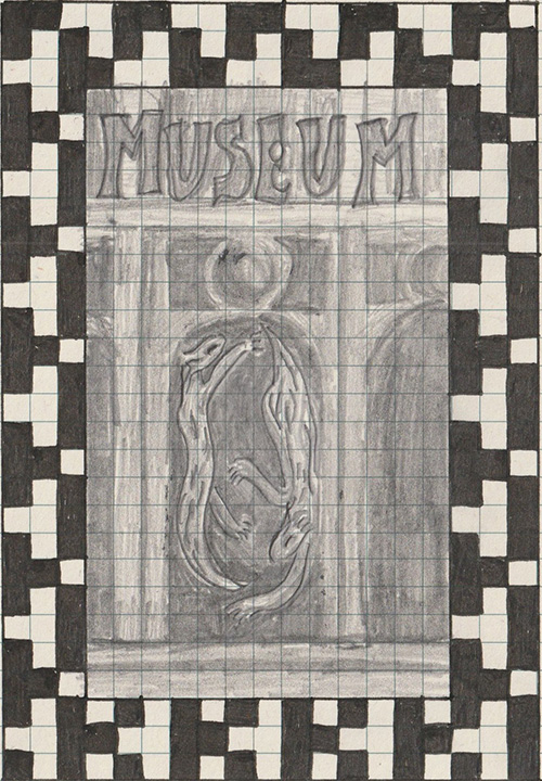 Image of a graphite pencil drawing on an index card. Text reading 'Museum' is displayed above the image of an arched window onto a darkened space where two lizard type creatures are floating. The image is surrounded by a border in a black and white checkerboard pattern. 