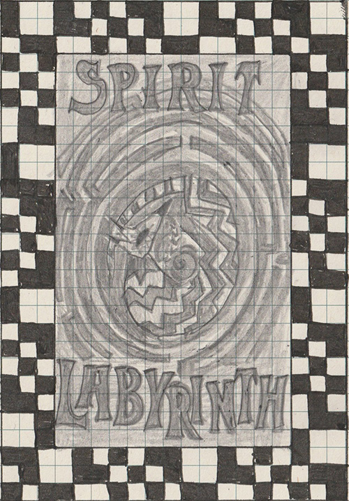 Image of a graphite pencil drawing on an index card. Text reading 'Spirit Labyrinth' is displayed around the image of a spiral maze with a curled up creature with pointed ears and a pointed nose in the centre. The image is surrounded by a border in a black and white checkerboard pattern. 