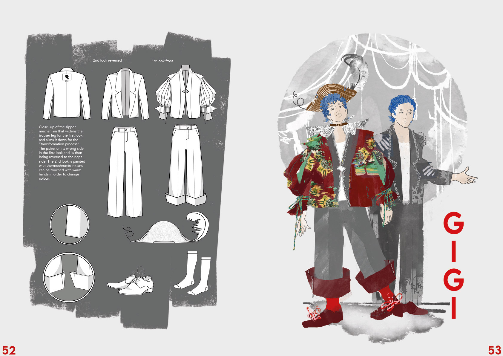 Illustration of two boys, one with a hat and a red jacket and the other in a grey suit