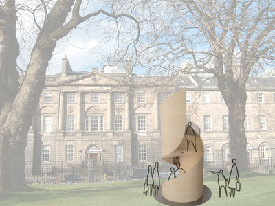 CAD render of the Museum Nouveau structure with figures around it, on the backdrop of Bute House