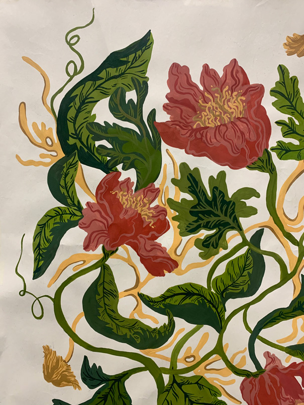 Painting of mushrooms, flowers and leaves