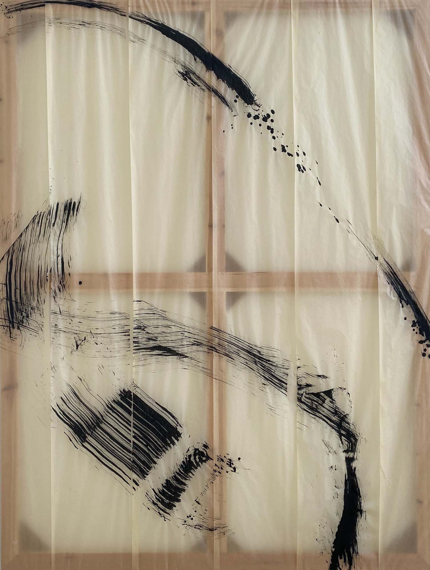 Photo of a painting of ink gestures on thin translucent paper 