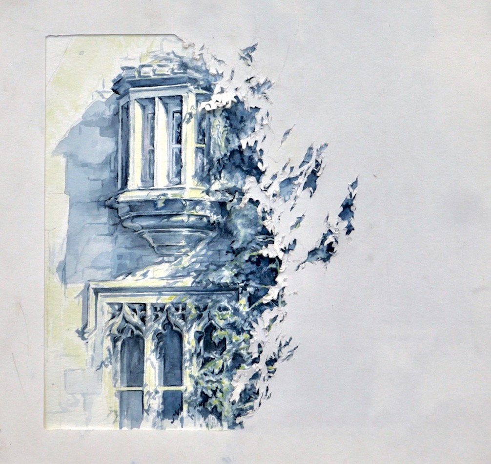 Watercolour of gothic windows and foliage at dalry cemetery