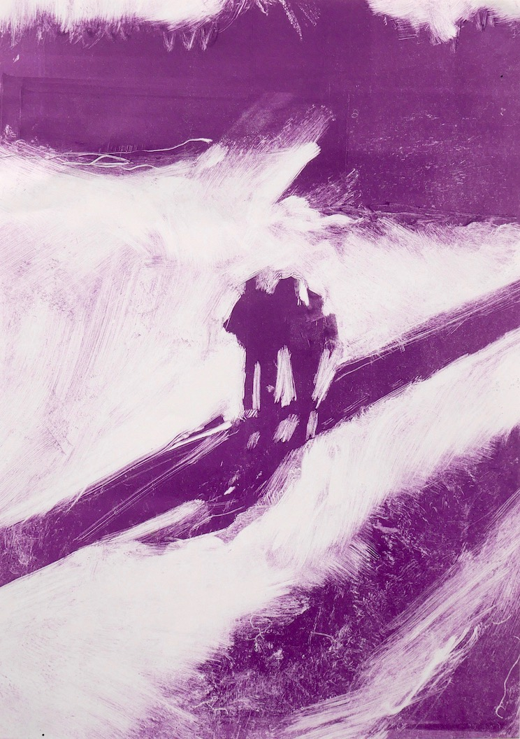 Shadow of people walking on path over water, monoprint, purple and white