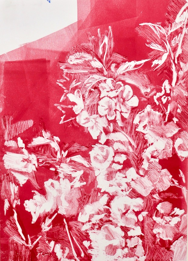 Monoprint of flowers, red and white, A4