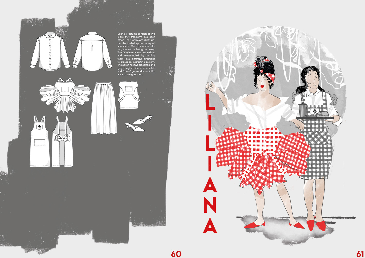 Illustration of two women, one with a gingham dress and the other with a grey apron
