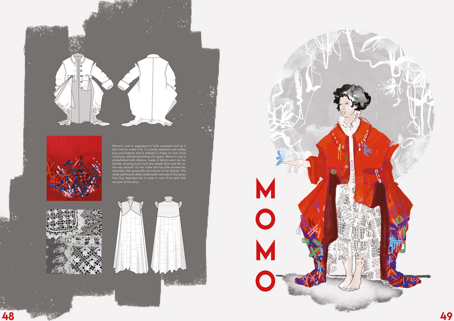 Illustration of a girl in a big red coat holding a butterfly