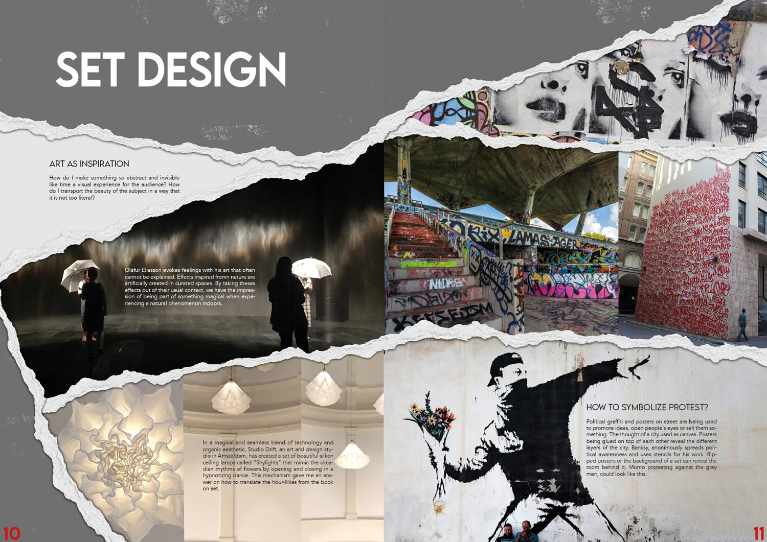 Double page of set design research 