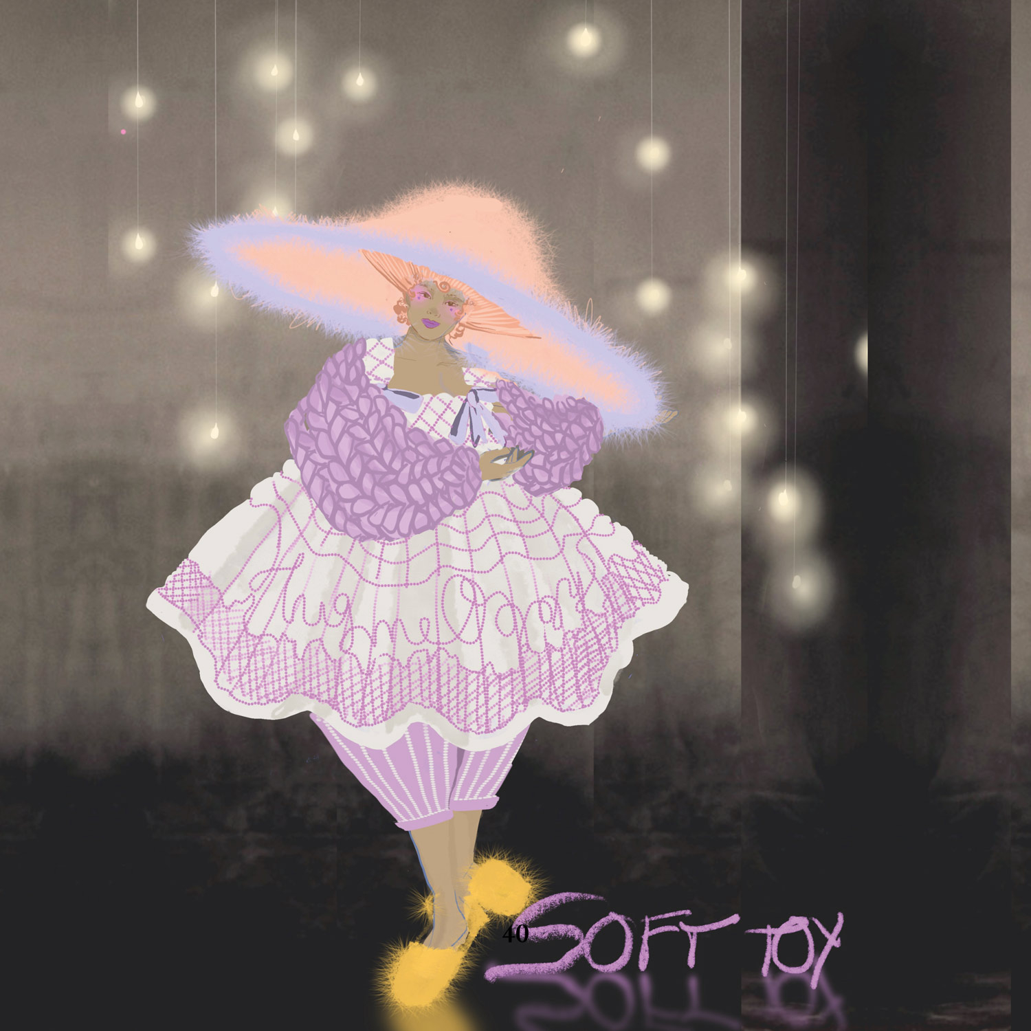 Illustration of a woman in a quilted dress with a knitted cardigan