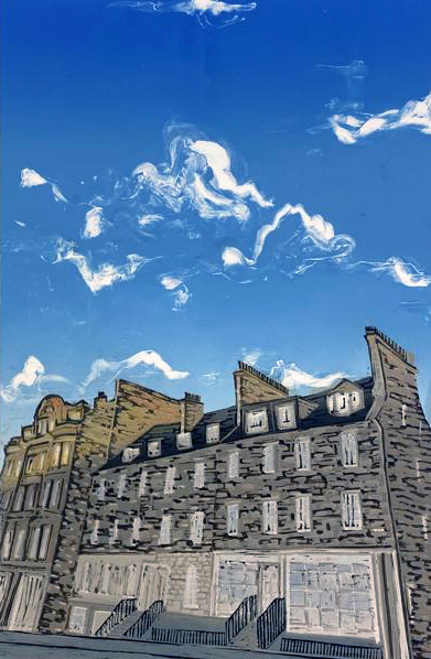 Sun hits the top of a building beneath a large blue sky, with billowing clouds. 