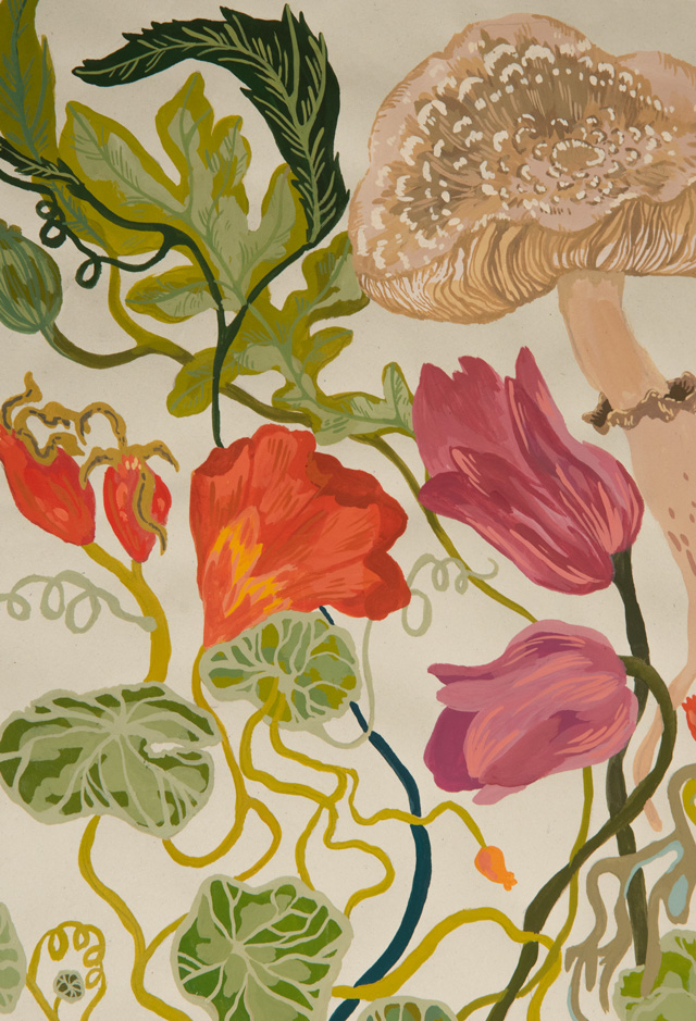 Painting of a mushroom, flowers and leaves