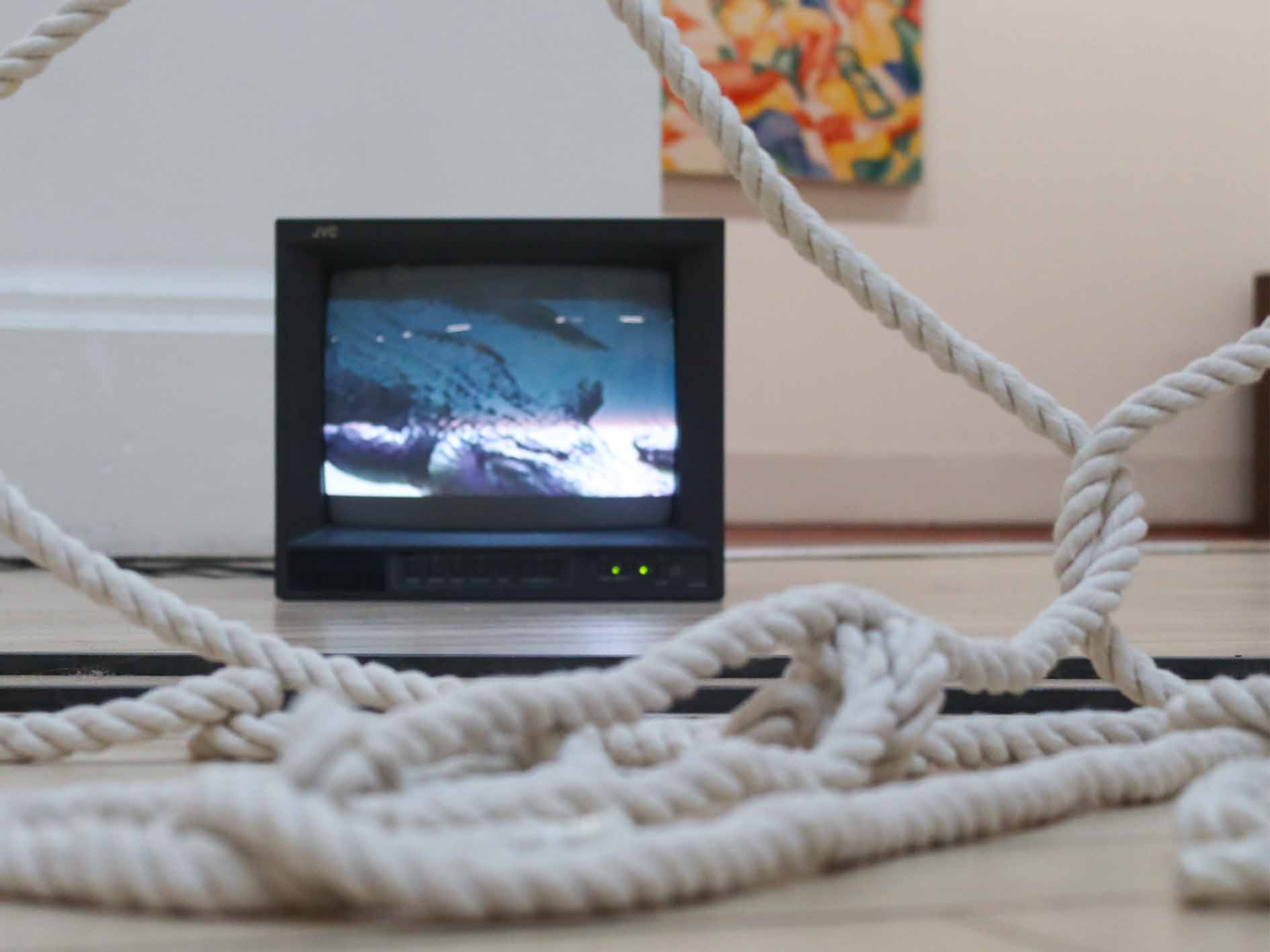 JVC tv on wooden floor behind woven rope pooling onto the floor