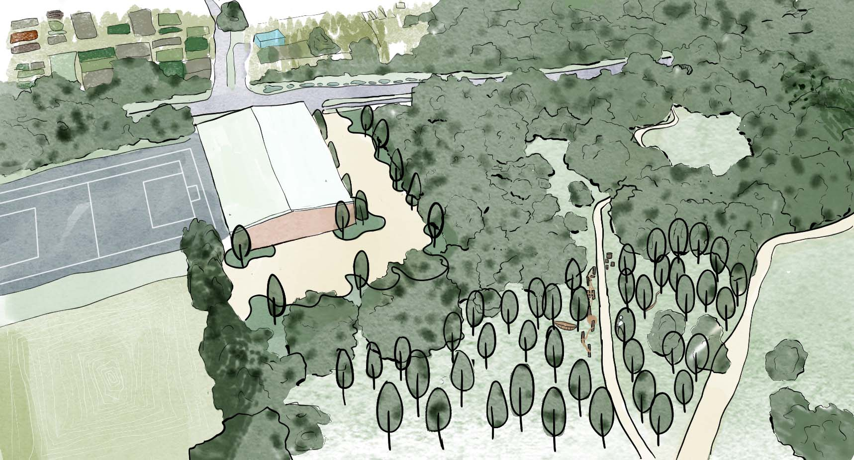 Cafe Space, bike lane and Playful paths Axo