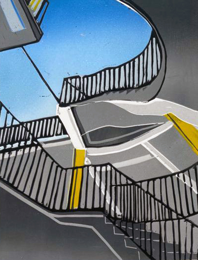 A blue sky can be seen looking up from the interior of a car park 