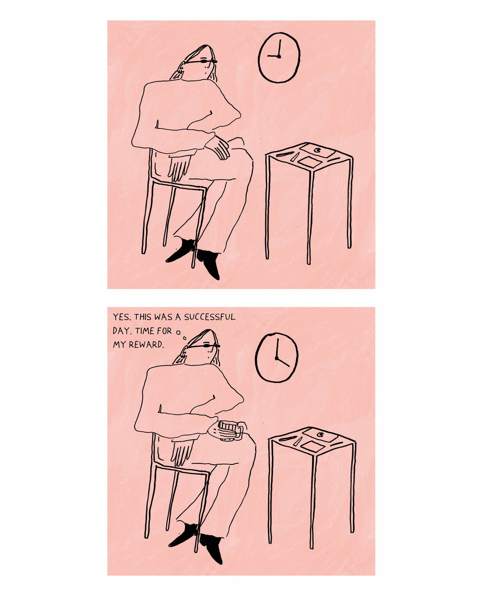 stylised illustrations of character sitting around, doing nothing as the time passes and eventually stating that they have worked hard and deserve a reward