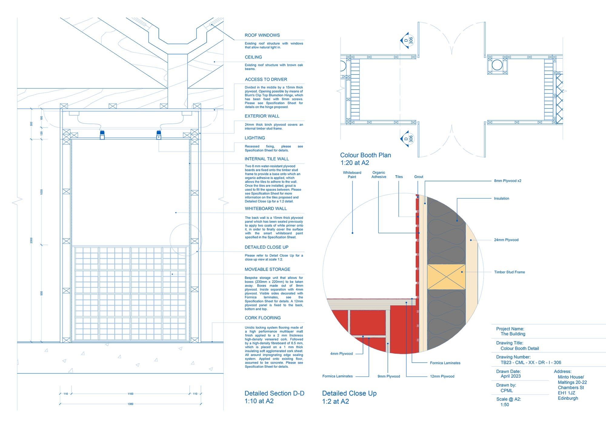 Detail drawings of the colour booth within the proposed main space wall