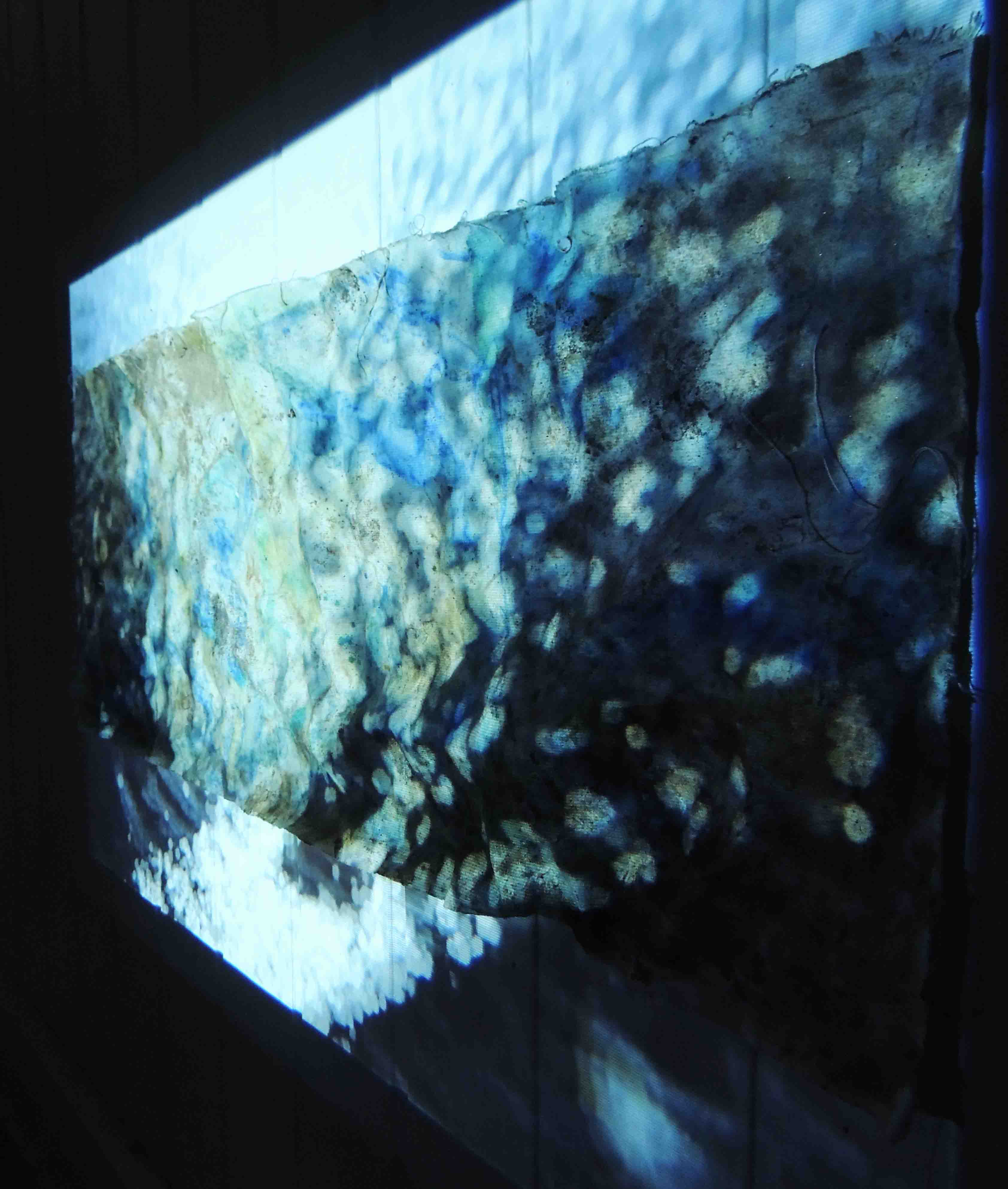 Sand waves series, watercolour, pastel, sand on canvas with video projection, 2023