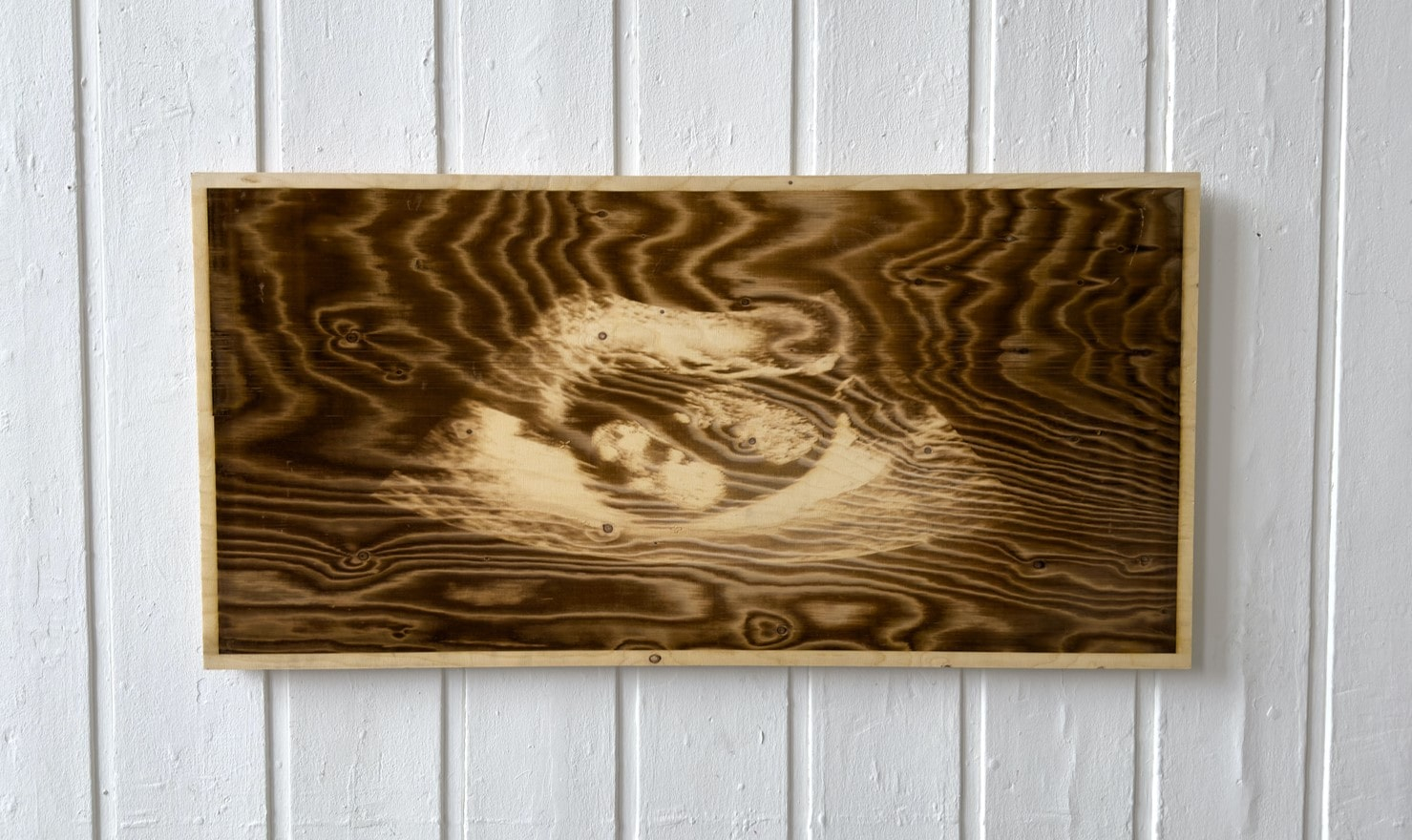Laser-etched sonogram on a sheet of plywood 
