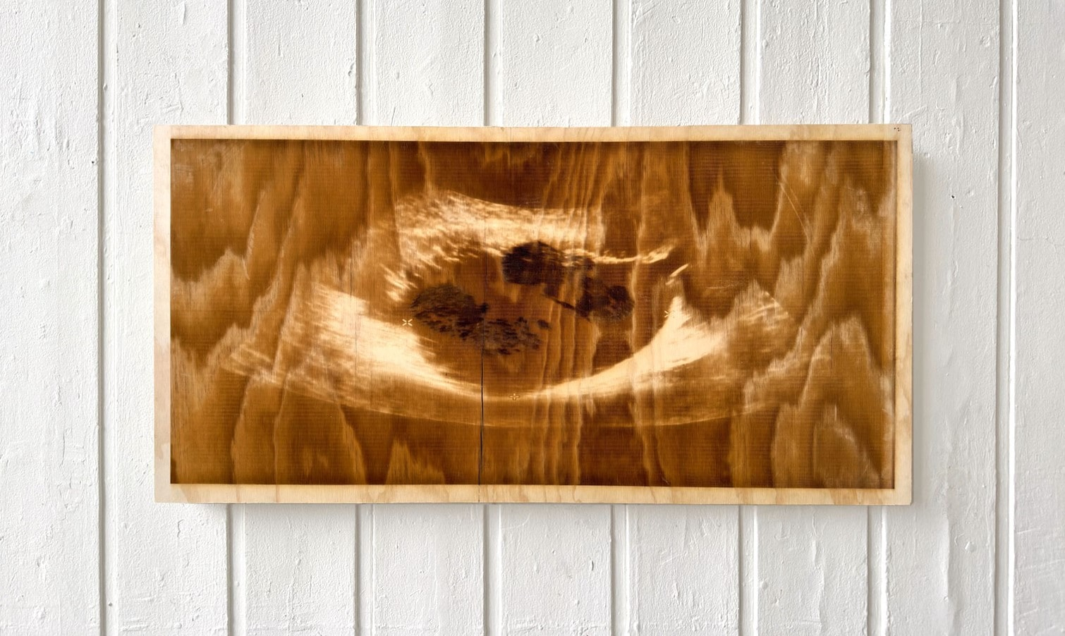 Laser-etched sonogram on a sheet of plywood 