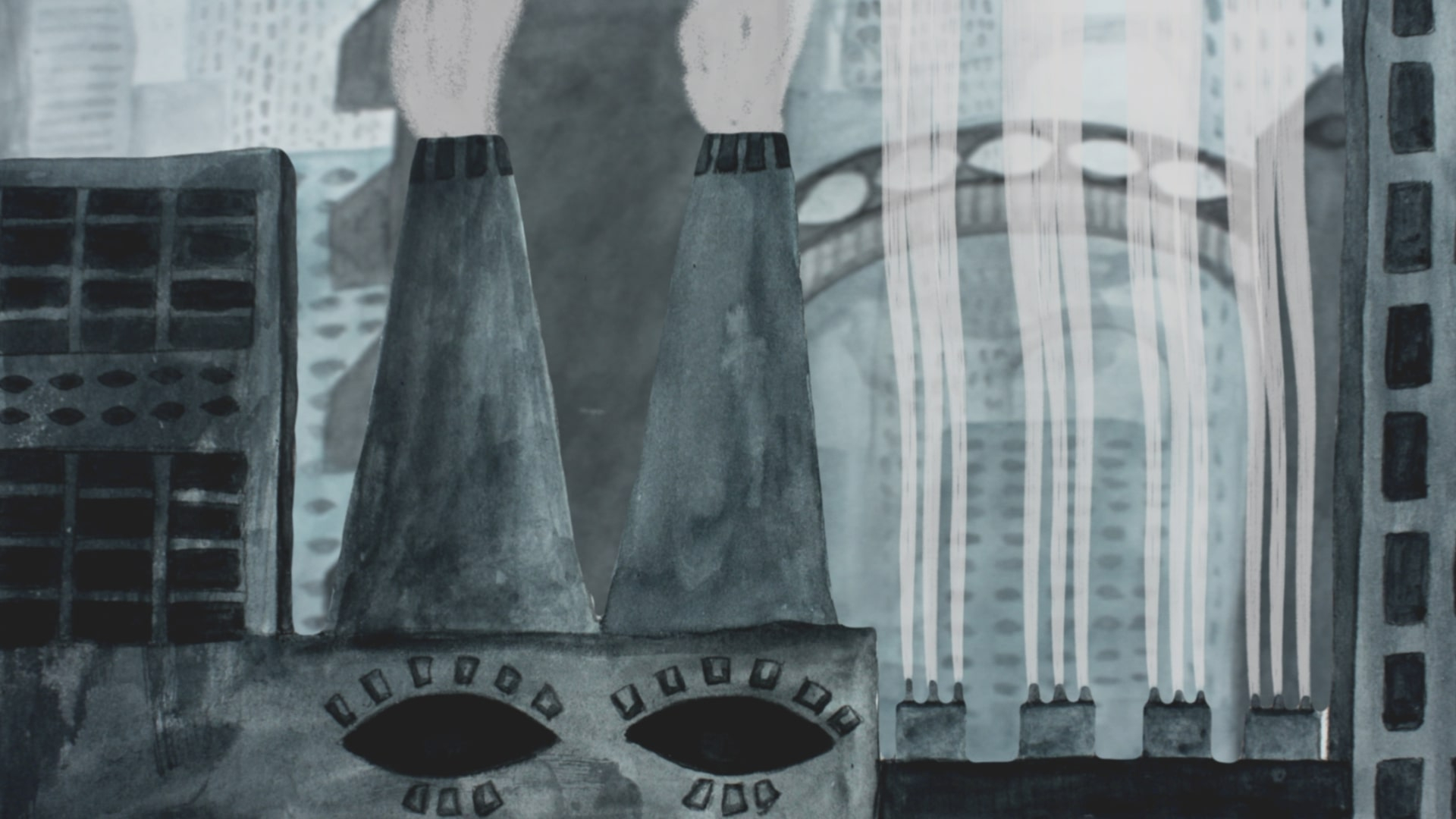grey cityscape with chimneys and smoke