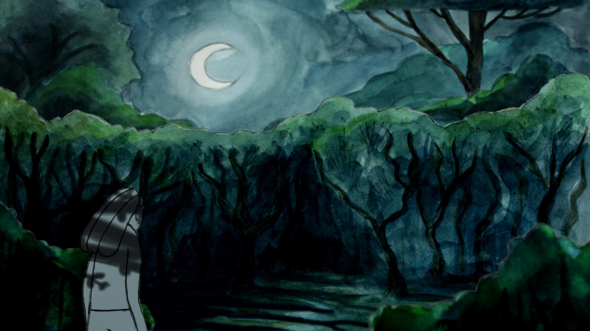 woman walks into a moonlit forest at night