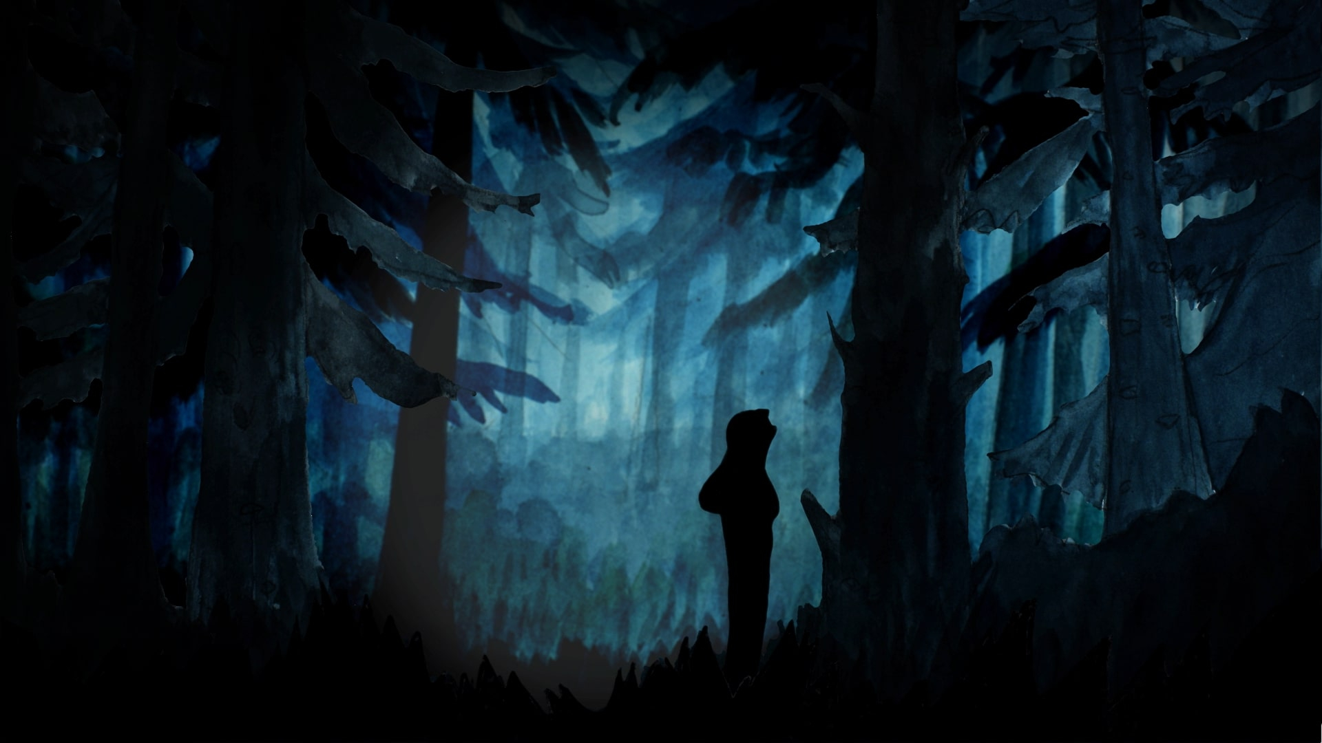 woman stands in a forest at night