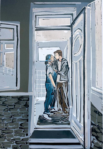 Two figures stand embracing in an open doorway 