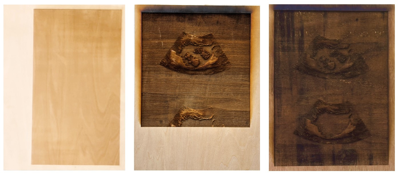 Laser-etched sonogram on 3 sheets of plywood 