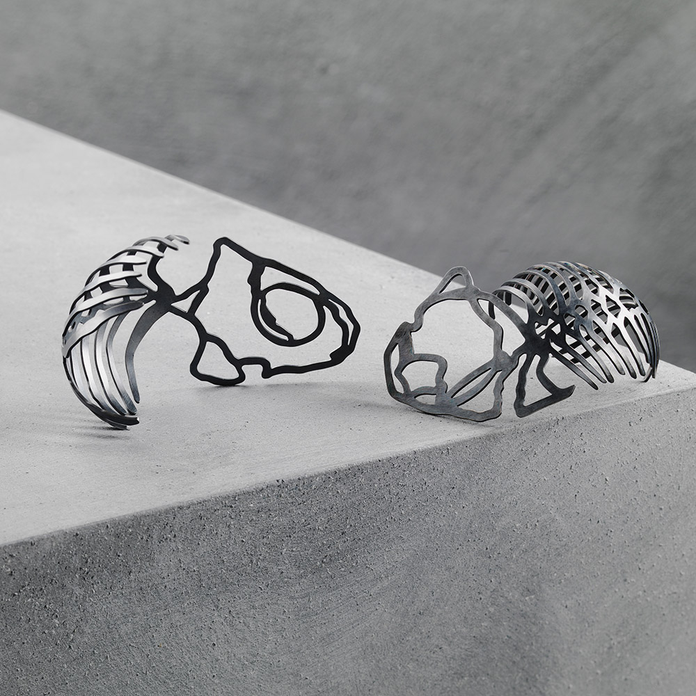 'Stories From a Herring Lass' collection, Eilean and Isabella Brooches, blackened recycled sterling silver with recycled sterling silver pin.